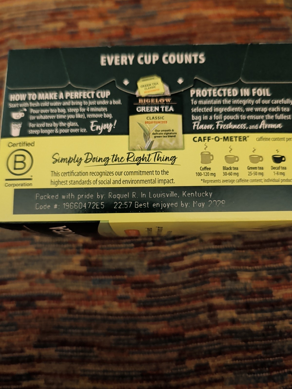 Bigelow Decaffeinated Green Tea Bags, 20 Count Box (Pack of 6) 120 Bags Exp 2028