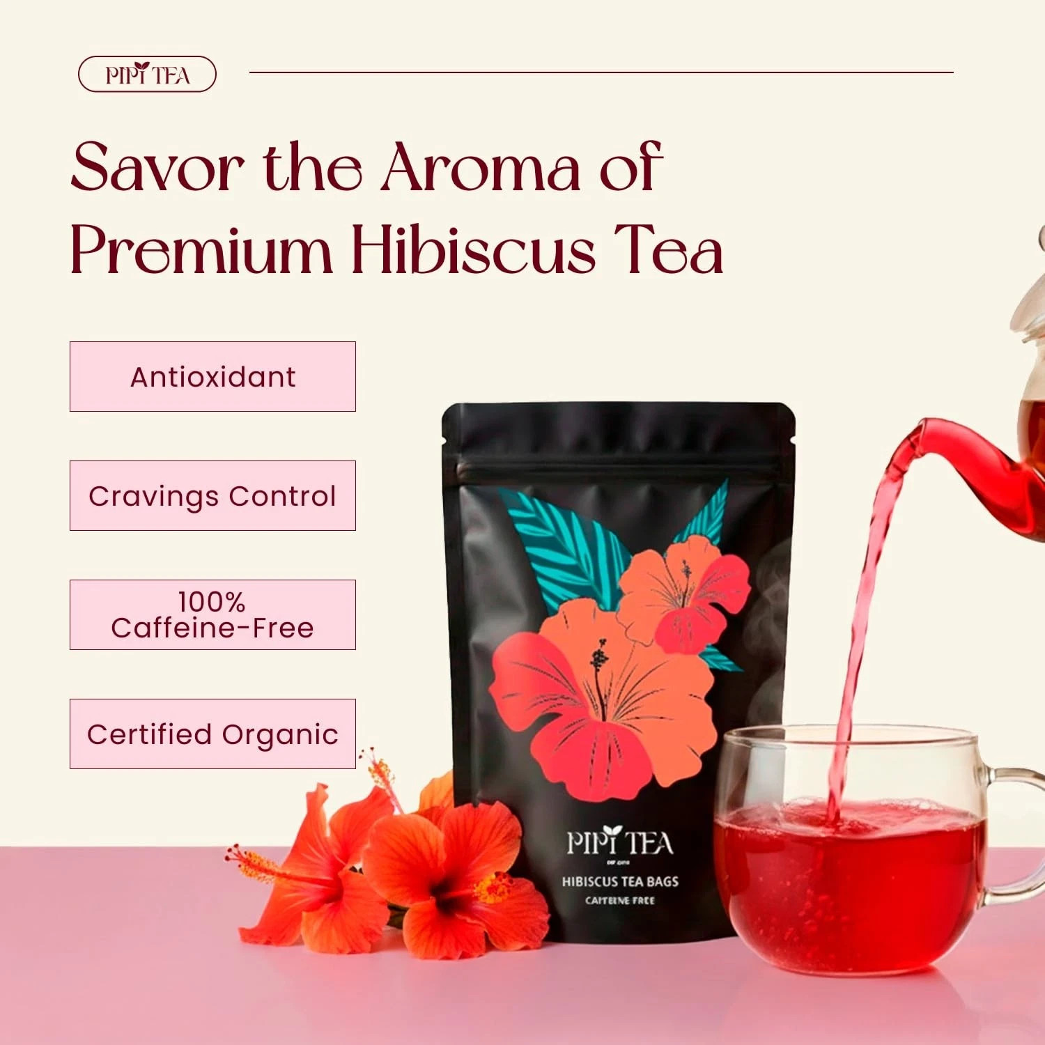 PiPi Tea Organic Hibiscus Tea Bags – Caffeine Free Herbal Tea Rich in Antioxi…