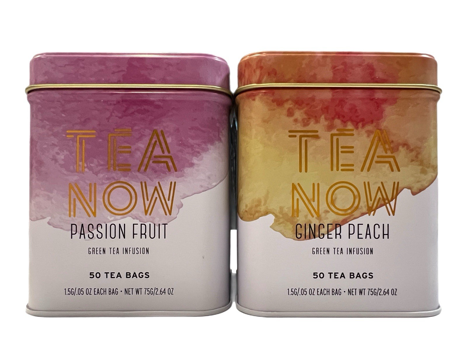 TEA NOW Passion Fruit & Ginger Peach Green Tea Set, 2 Tins, 50 Bags Each