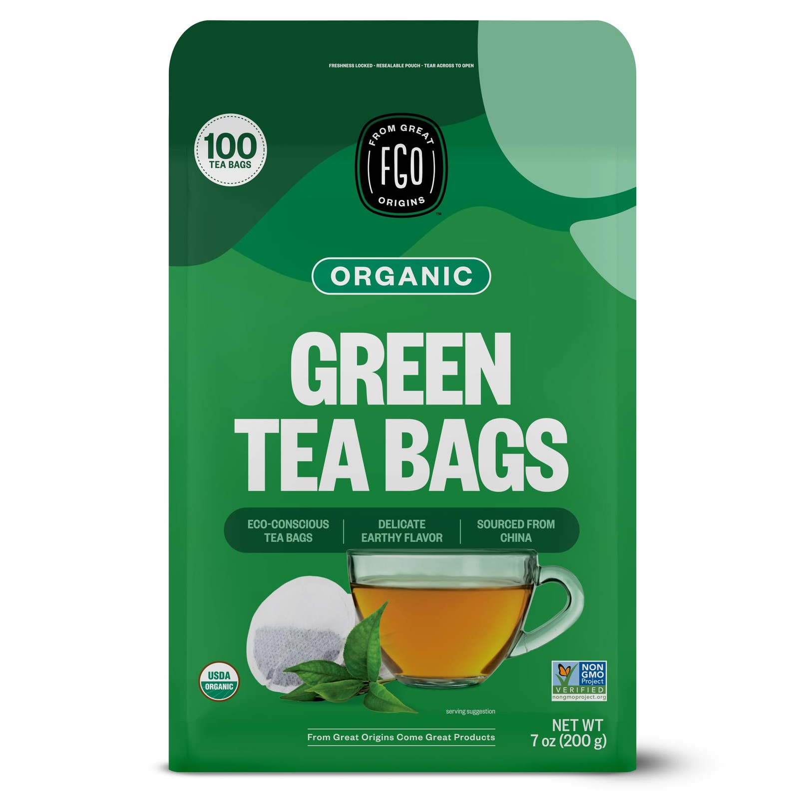 FGO Organic Green Tea, 100 Count Eco-Conscious Tea Bags, Caffeinated, Reseala…