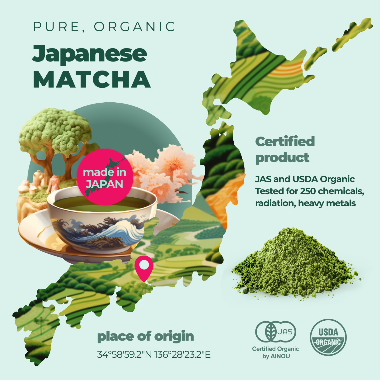 Japanese Green Tea Powder CEREMONIAL GRADE MATCHA 100g – no additives, green tea