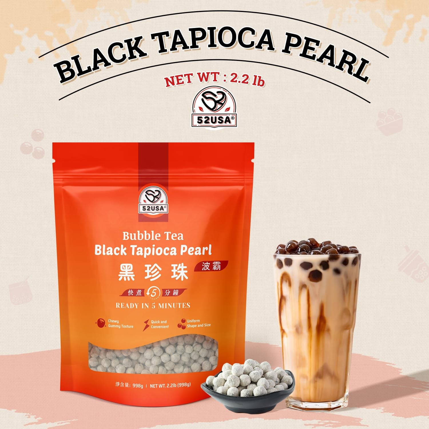 52USA Boba Tapioca Pearls 2.2LB, Fresh Bubble Tea Pearl, Quick Cook Black Ple…