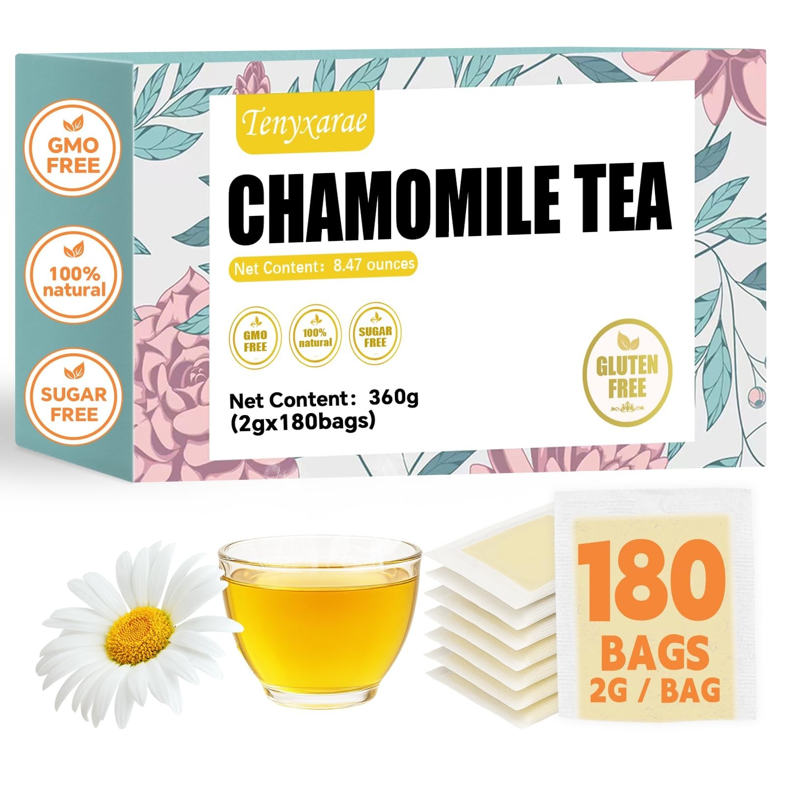 Natural Chamomile Tea Bags – 180 Count, Caffeine-Free, Digestive Aid, Vegan, Eco