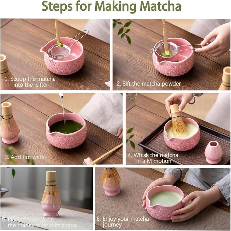 7 Pcs Matcha Set W/ Bowl Sifter Bamboo Scoop Holder Tea Towel Whisk Pink New