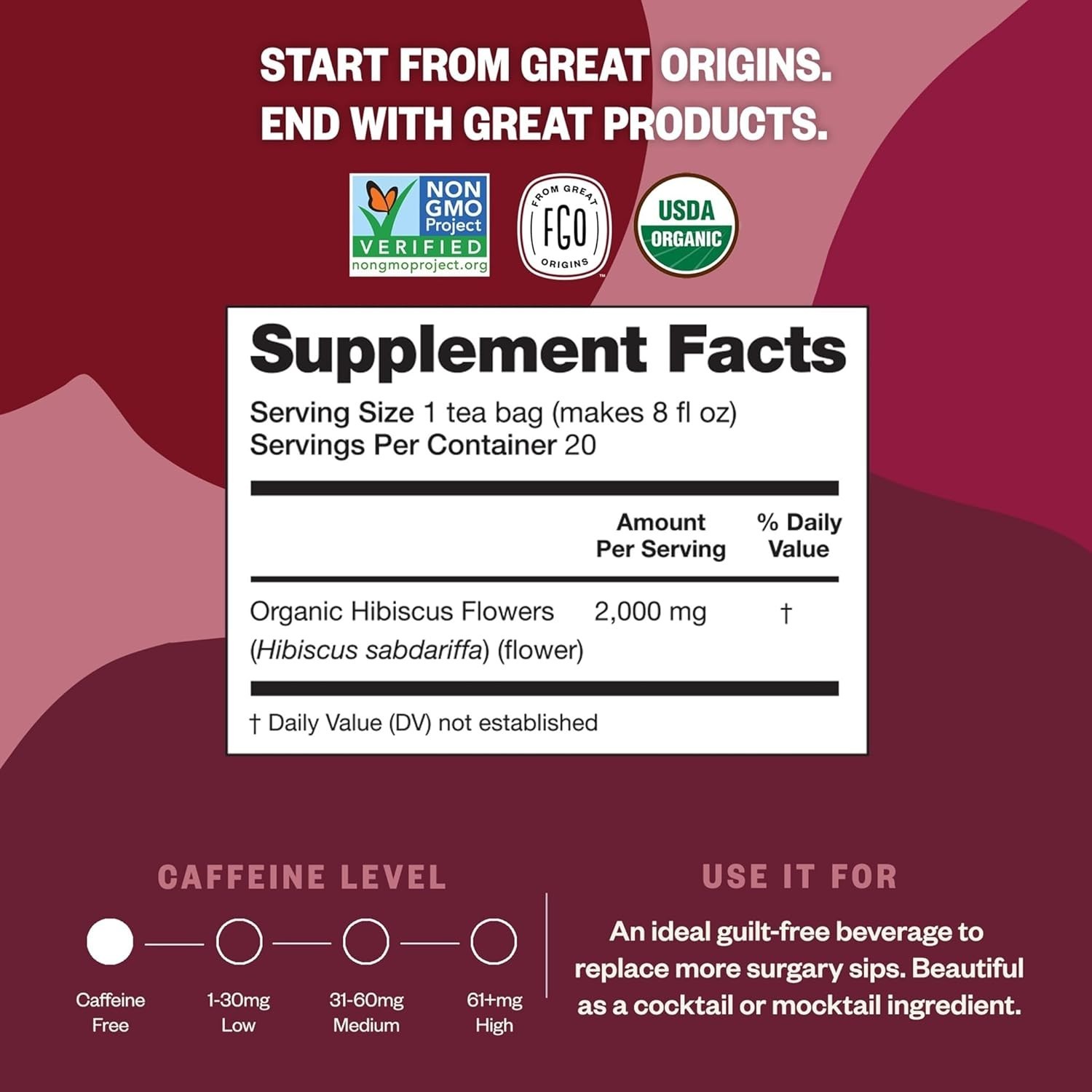 Organic Hibiscus Tea – 100 Count Caffeine-Free Eco-Conscious Bags for Health