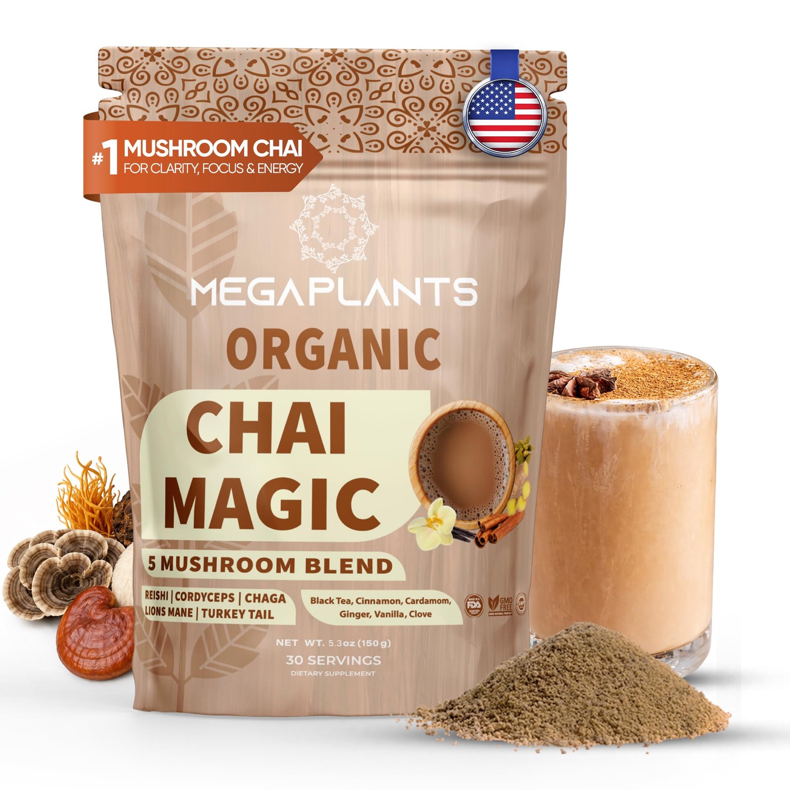 MEGAPLANTS Adaptogenic Mushroom Chai Tea (30 Servings) | No Crash Energy & Fo…
