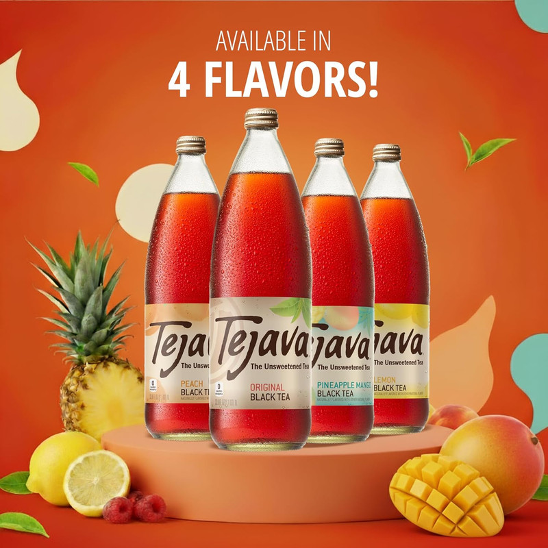 Tejava Black Iced Tea, Original Unsweetened, 12 Pack, 1L Glass Bottles, No Sugar