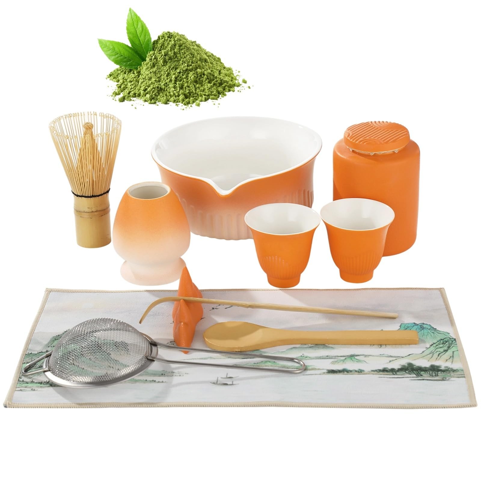 Matcha Whisk Set, 11 Pcs Ceramic Matcha Making Set, Orange Gradient Tea Bowl …