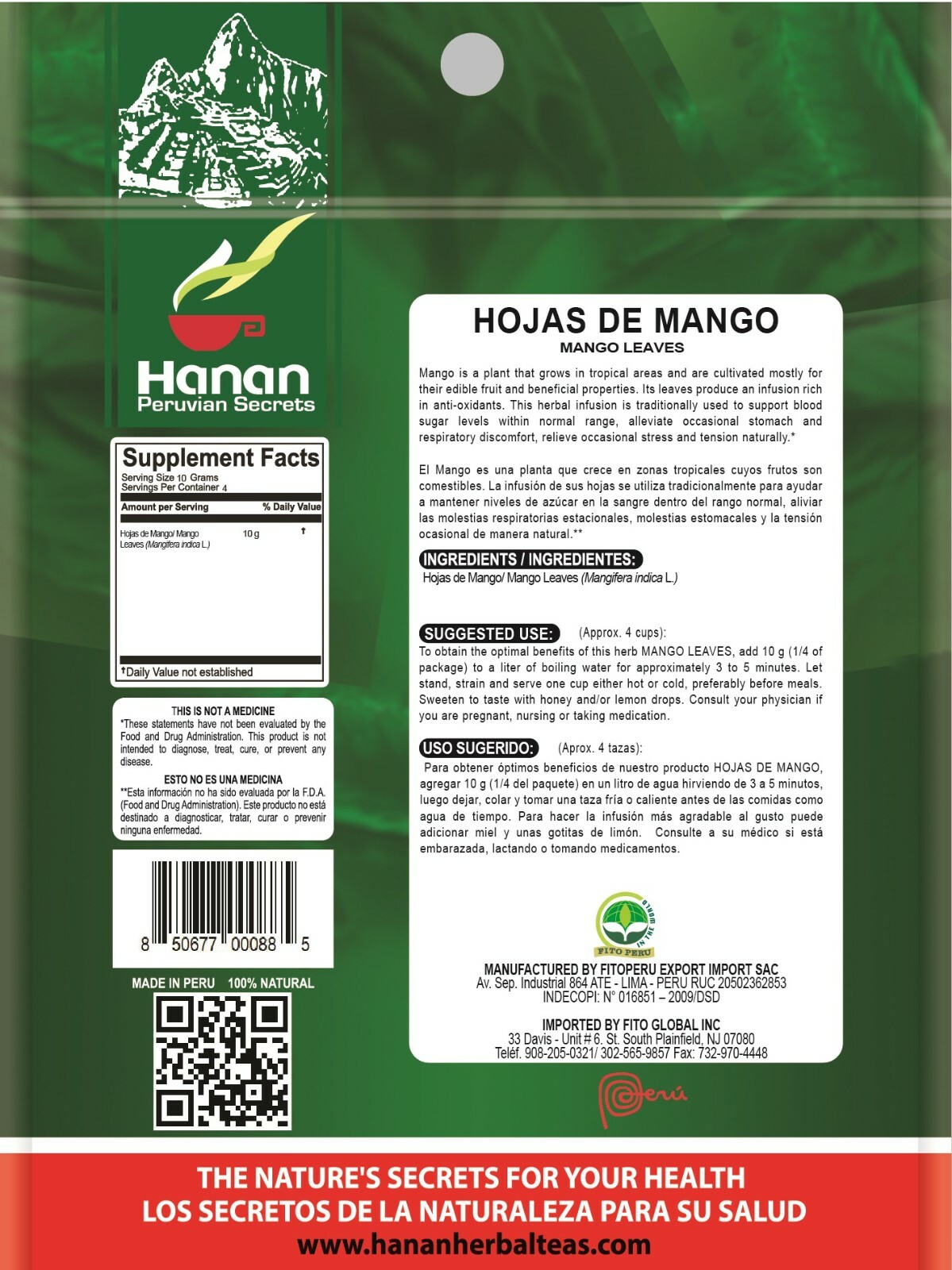 Hanan Peruvian Secrets Mango Herbal Tea | 100% Natural Mango Leaves | 1.41oz