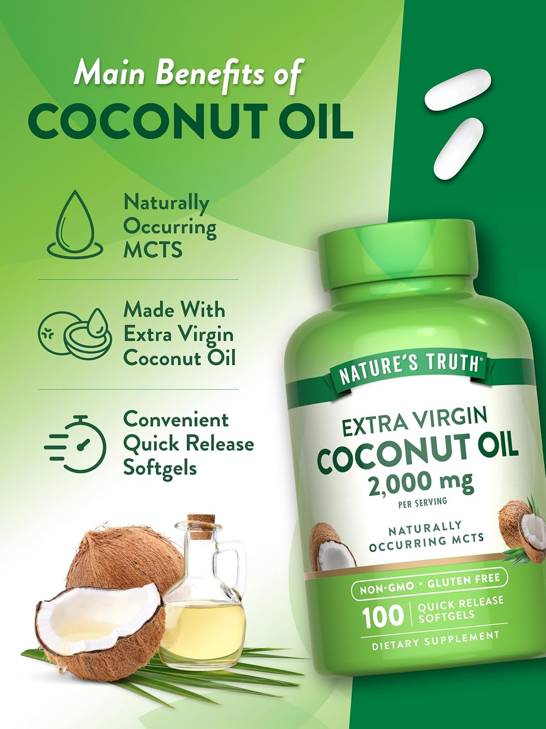 Nature’s Truth Coconut Oil Supplement | 100 Softgels | Naturally Occurring…