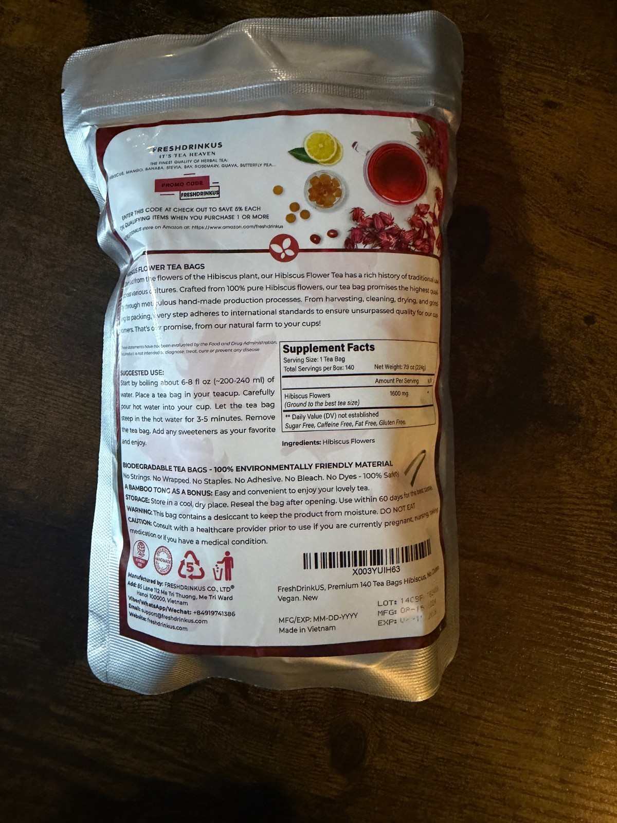 FreshDrinkUS, Premium 140 Hibiscus Flowers Tea Bags, 140 Bags NEW SEALED 08/26