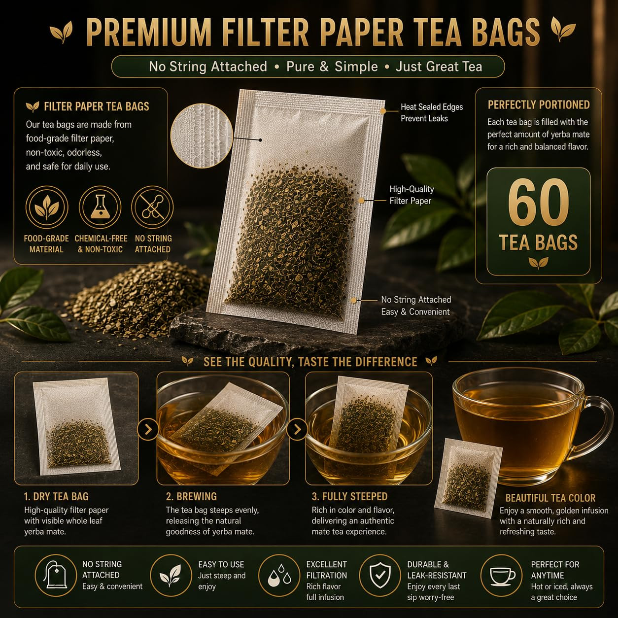 60 Count Premium Unsmoked Yerba Mate Tea Bags – Sourced from Argentina, 100% Pur