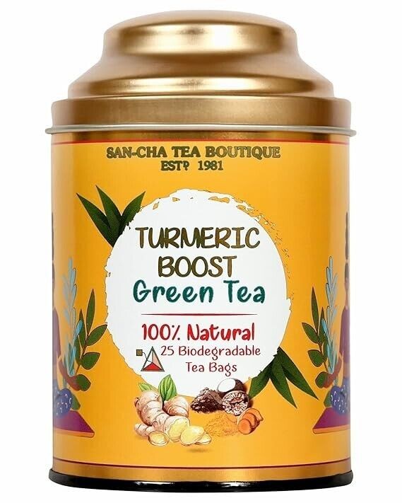 SAN CHA Turmeric Tea, 25 Pyramid Tea Bags, Green Tea Blended With Curcumin Rich
