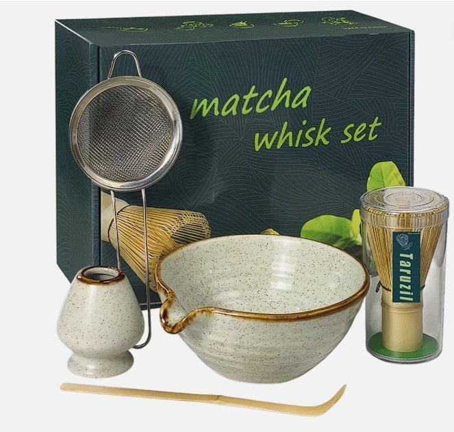Matcha Whisk Set with Matcha Bowl, Bamboo Whisk, Scoop, Sifter & Holder New