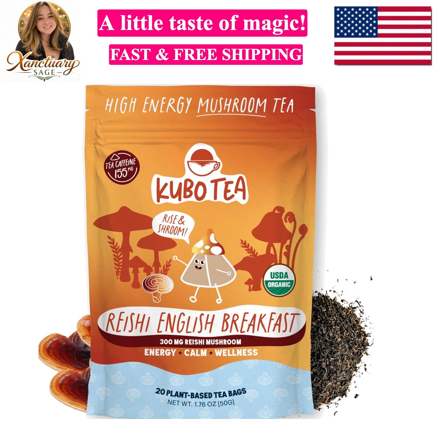 High Caffeine Mushroom Tea 155 mg – : Organic Reishi Breakfast Black Tea Bags…