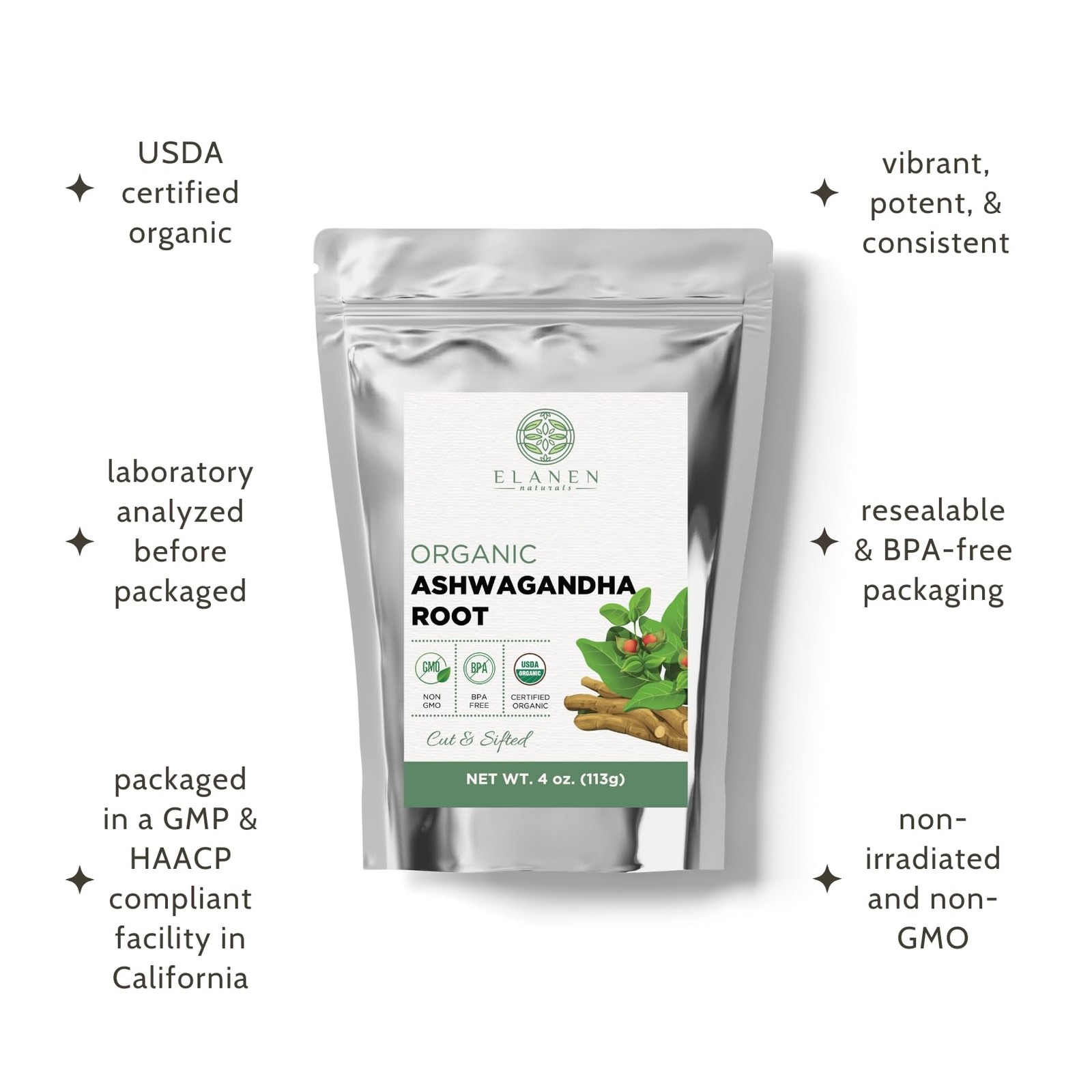 Elanen Naturals Organic Ashwagandha Root 4 oz. (113g), USDA Certified…