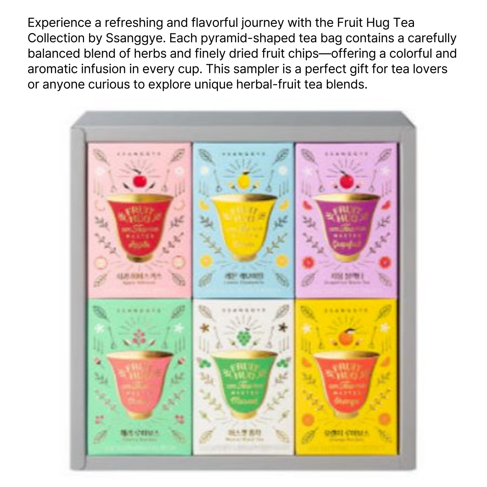 Ssanggye Premium Korean Fruit Hug Dried Tea Blend 6 Flavors x 3 Pyramid Tea Bags