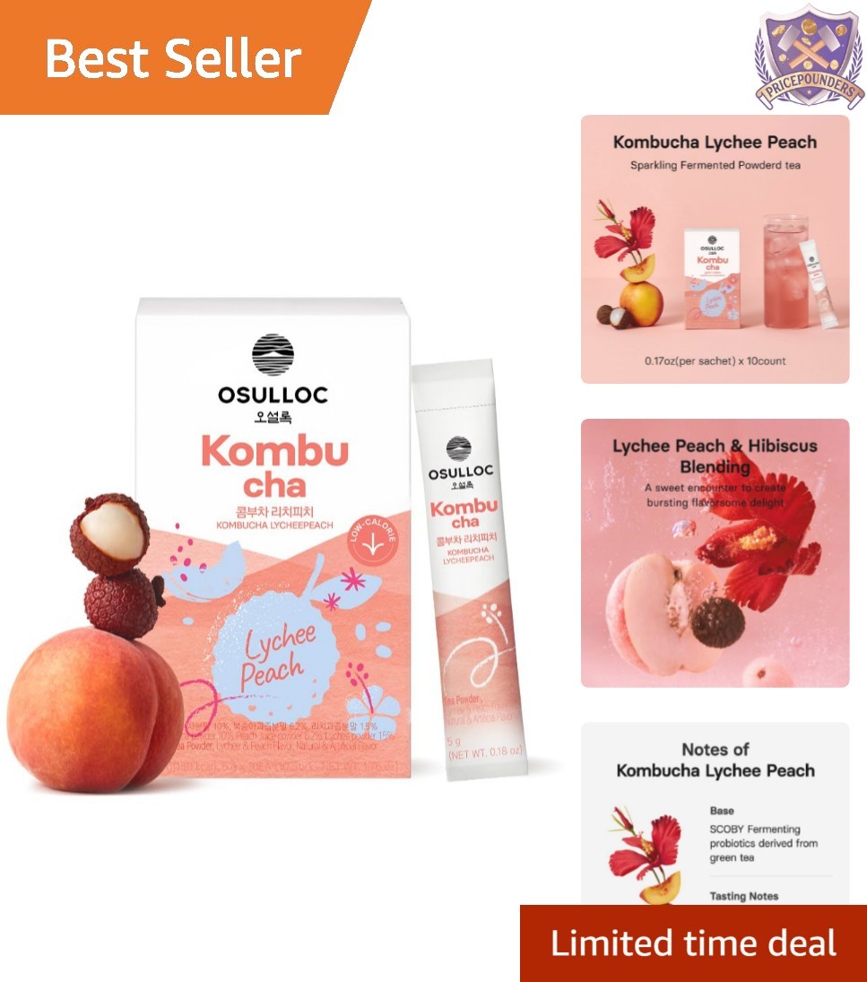 Kombucha Tea Powder Lychee Peach Pack of 10 Sugar-Free Sparkling Beverages