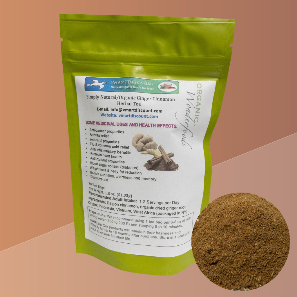Ginger Cinnamon Herbal Tea (Te de Jengibre y Canela) 30 Tea Bags, Heart Health