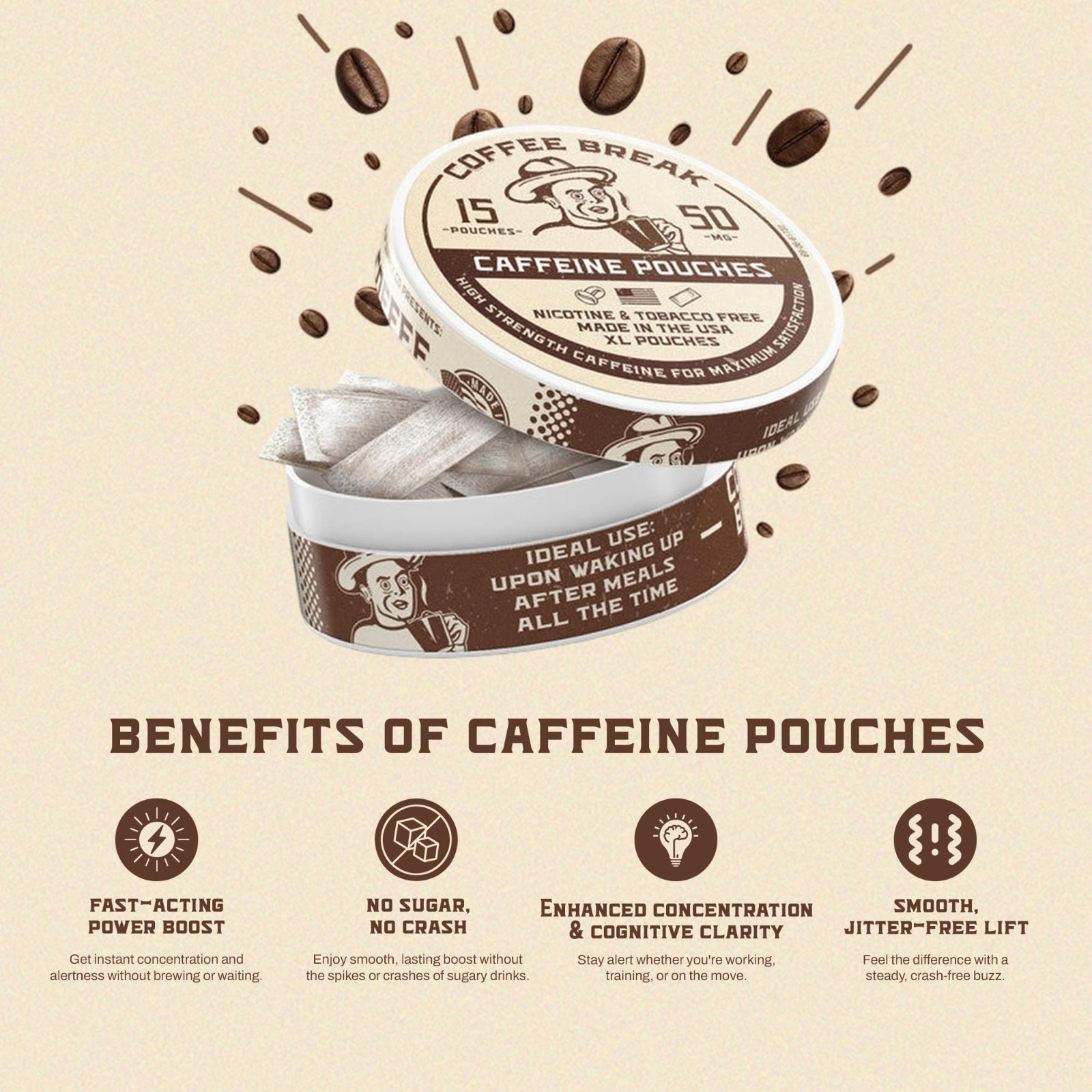 Caffeine Pouches – Smooth Coffee Flavor – Bold Energy Anytime – 50mg Caffeine –