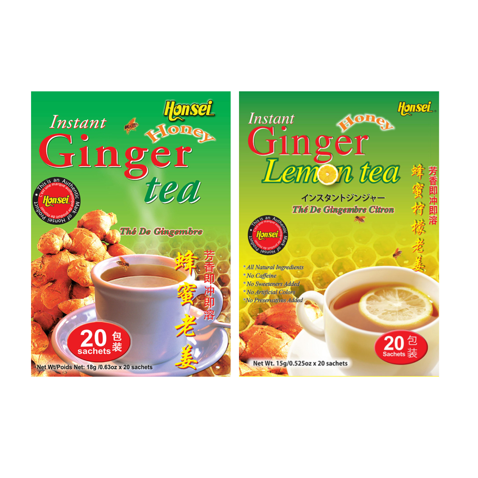 Honsei Instant Ginger Honey Original, Lemon Flavor 20 Sachets Each 2 PACK