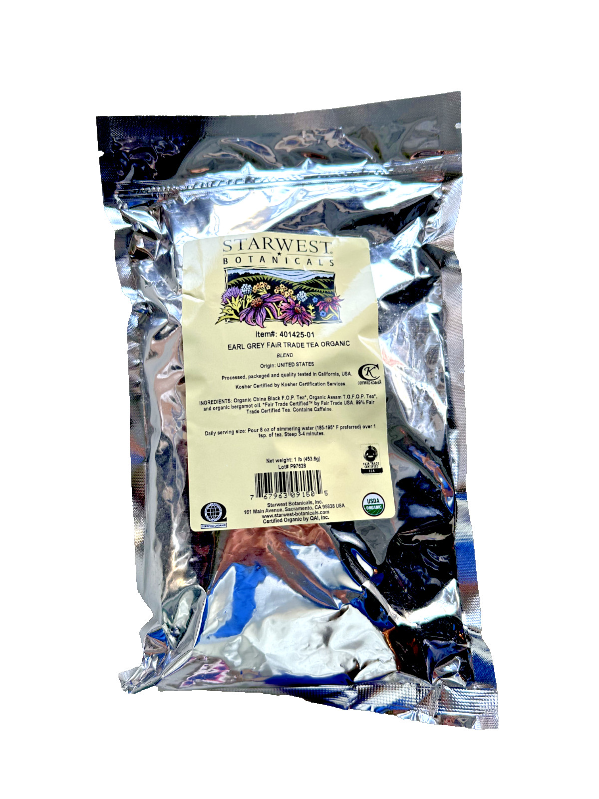 STARWEST BOTANICALS ORGANIC EARL GREY FAIR TRADE TEA KOSHER CERTIFIED 1 Ib
