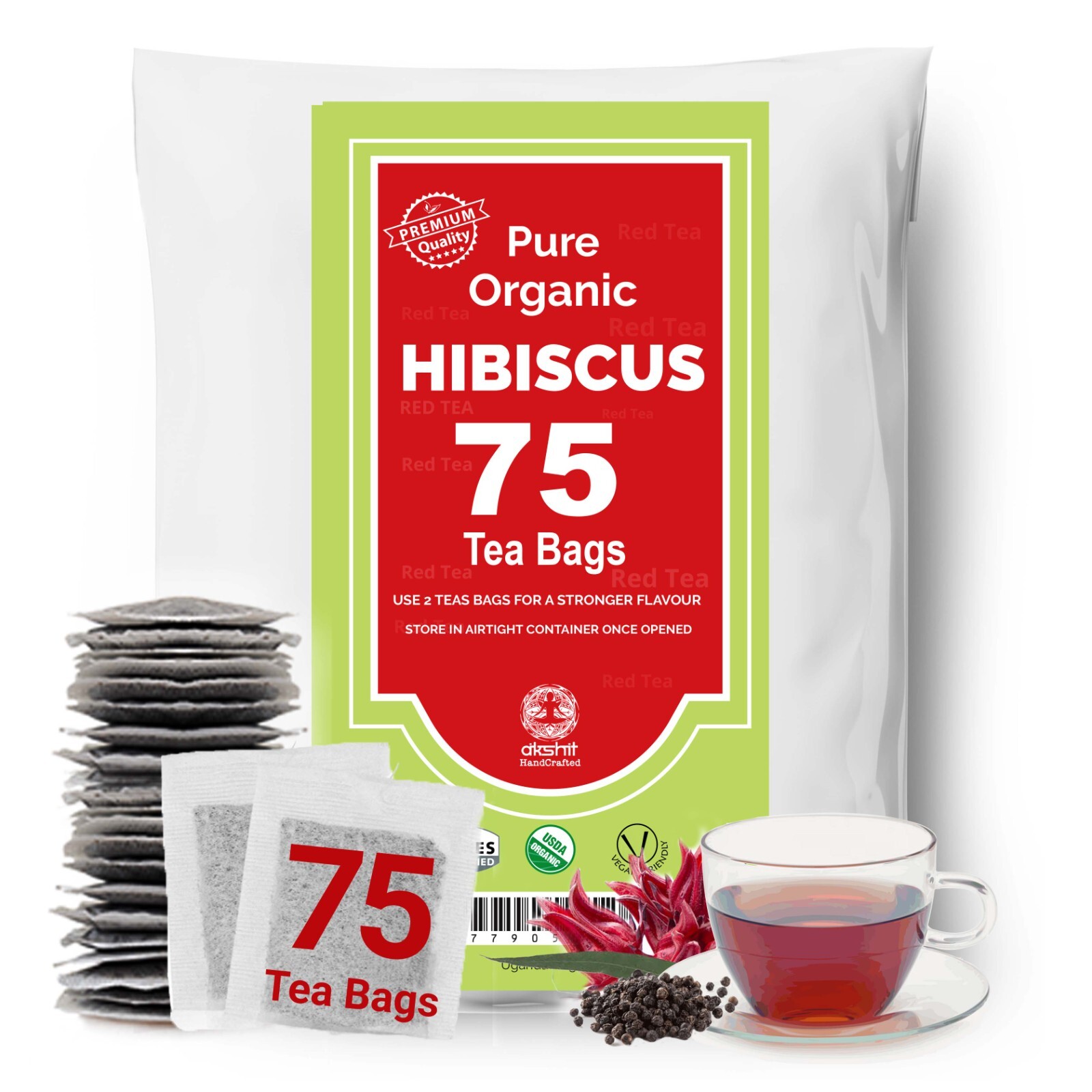 75 Organic Hibiscus Tea Bags, Hibiscus Flower Tea, Naturally Caffeine Free