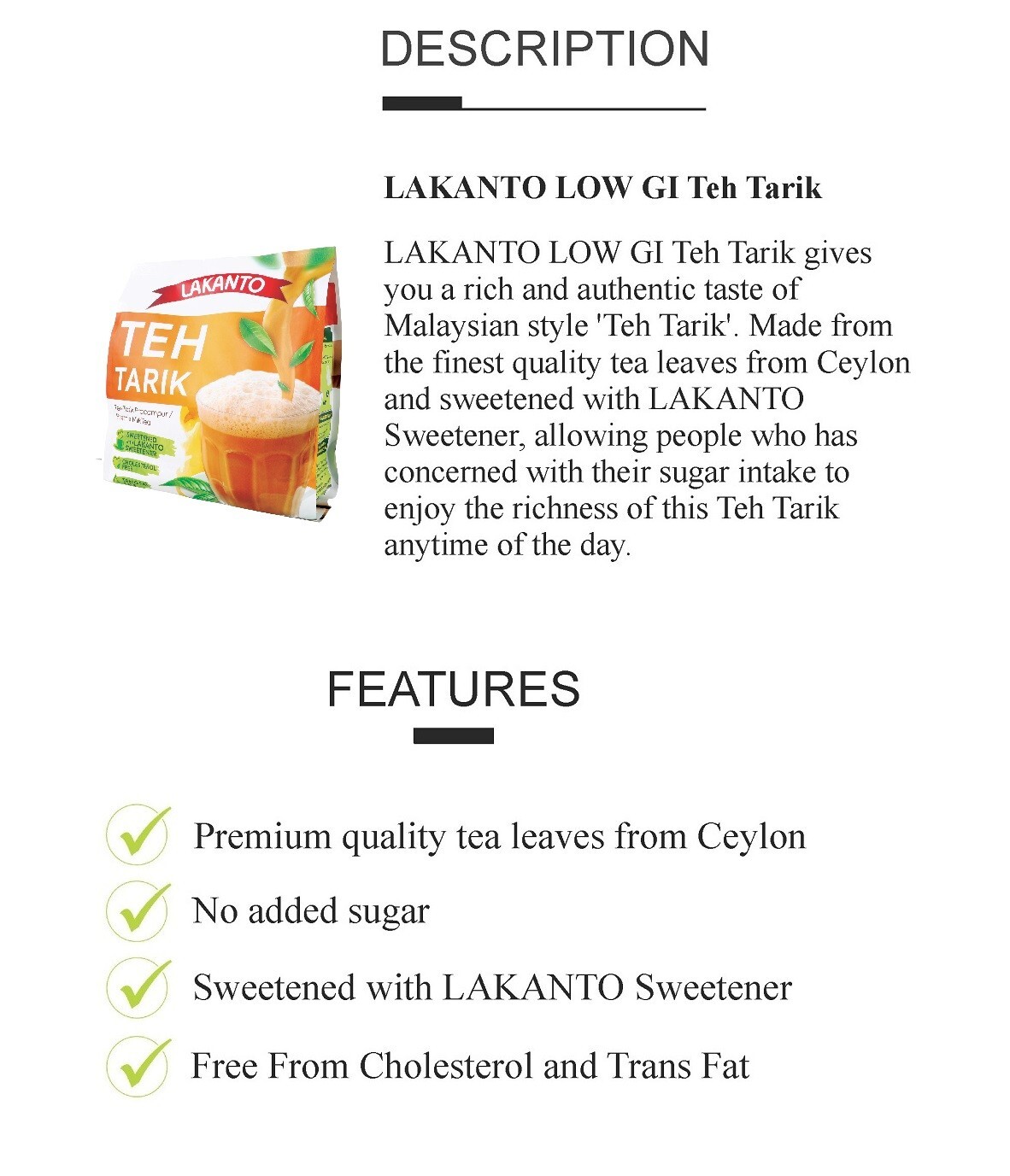 Lakanto Instant Low GI Teh Tarik (12 x 35g sachets) A Healthy Choice