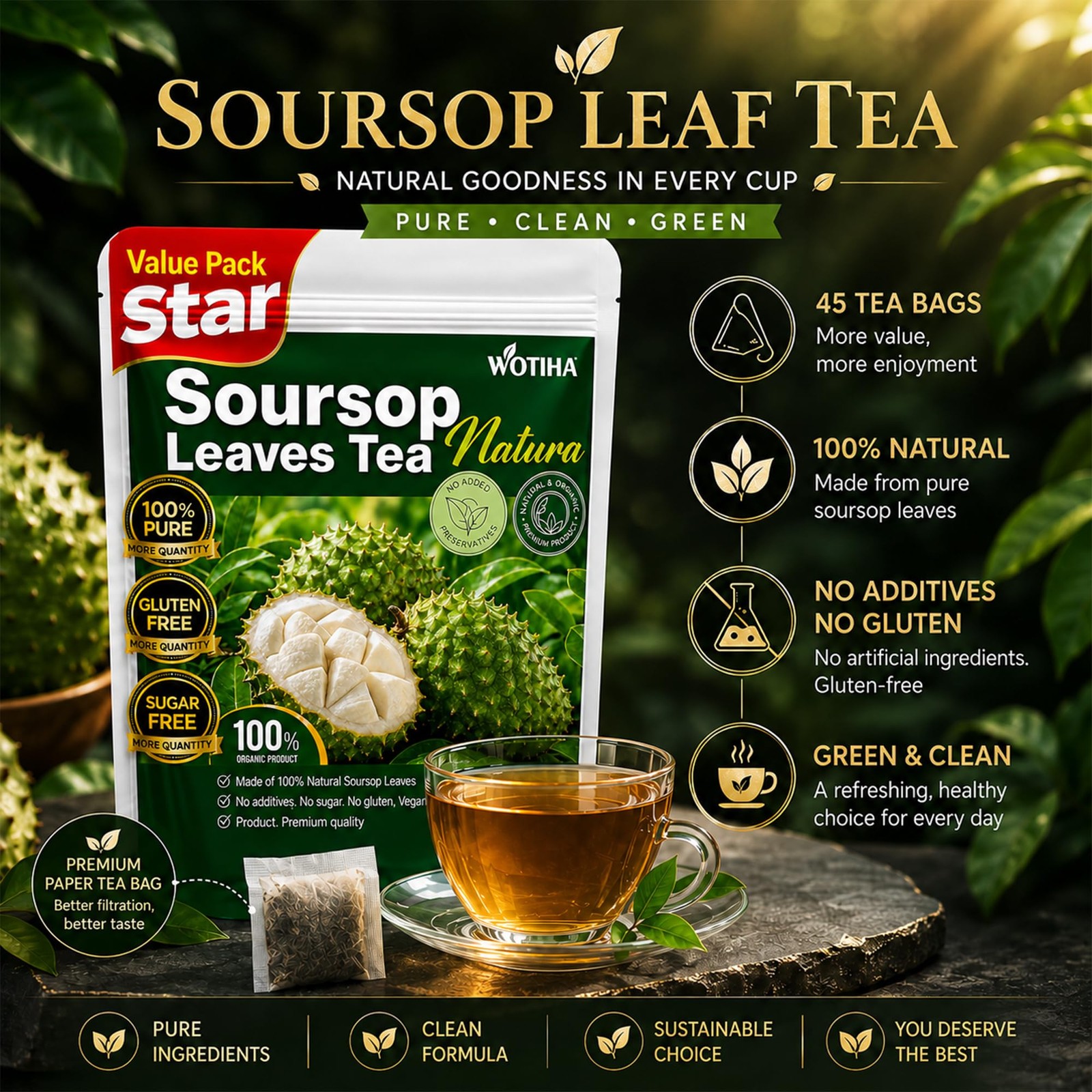 45 Count Premium Soursop Graviola Tea Bags 100% Natural soursop leaves, NonG…