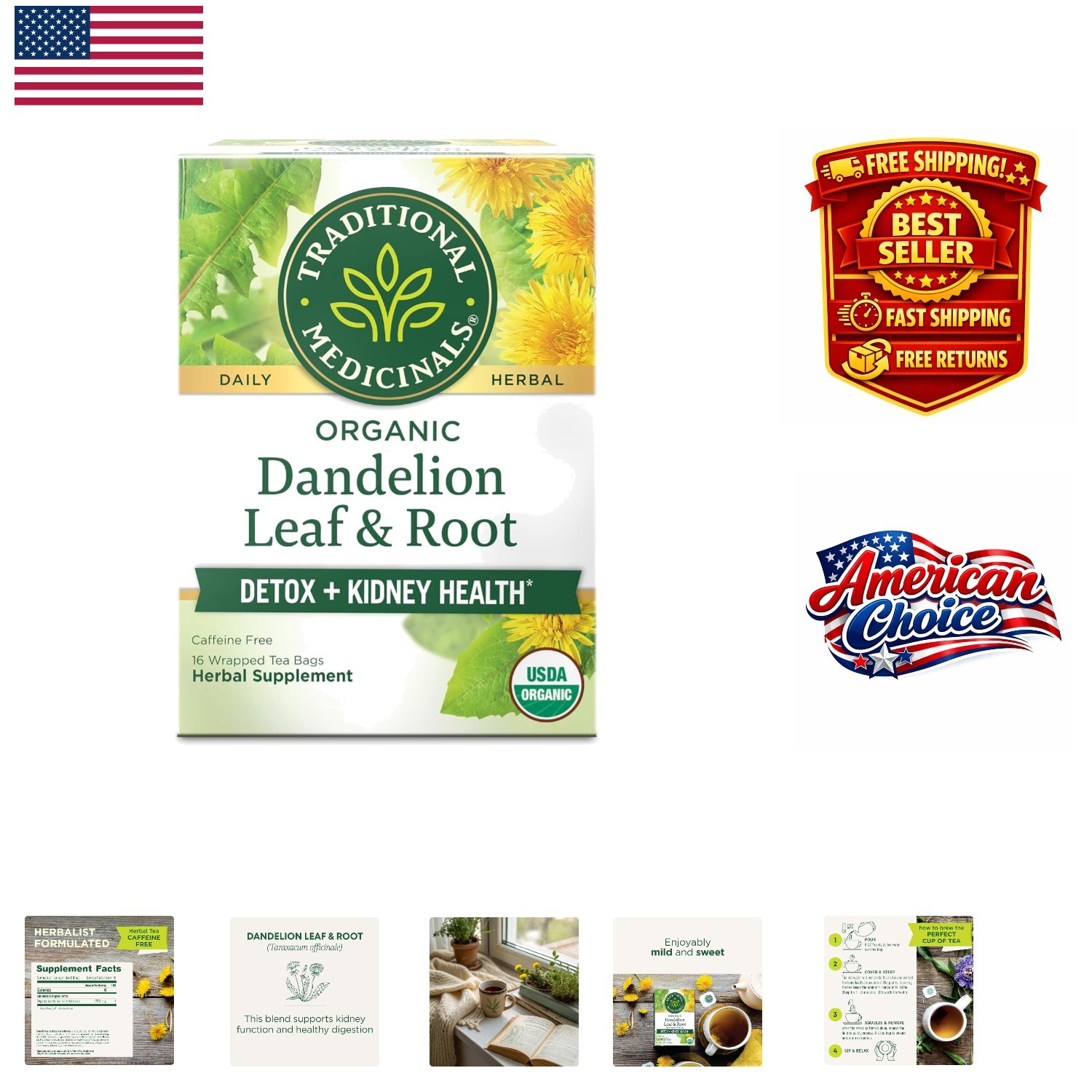 Organic Dandelion Root Tea – Caffeine-Free Herbal Detox for Digestion (16 Bags)