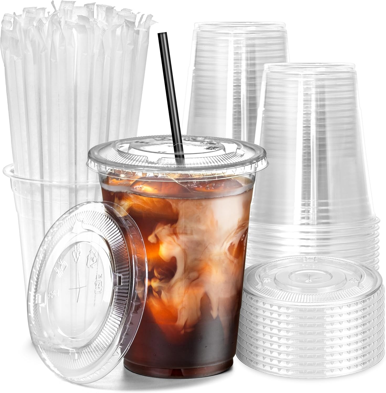 100 Pack 16 oz Plastic Iced Coffee Cups with Flat Lids and Black Straws,