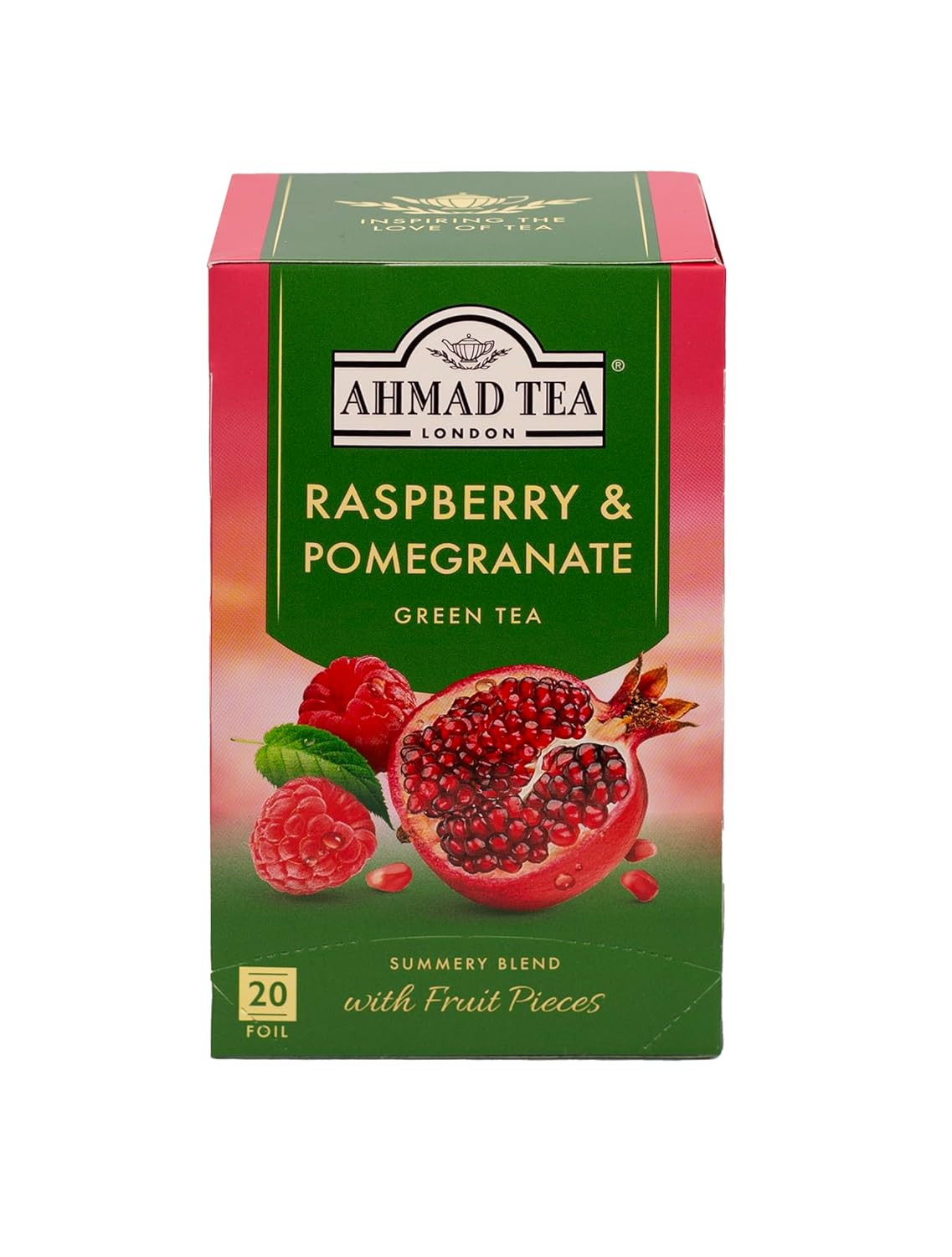 Foil-Enveloped Teabags Green Tea, Raspberry & Pomegranate, 20Count (Pack of 6)