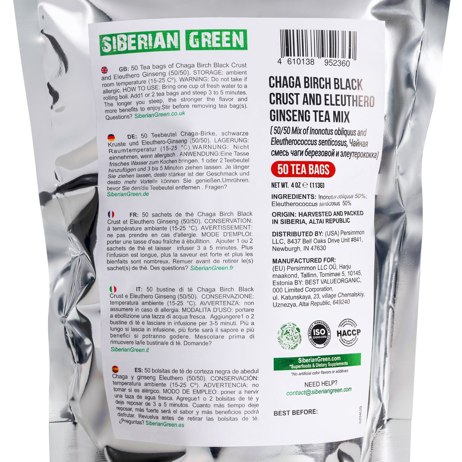 Siberian Chaga Tea with Eleuthero Root | 50 Tea Bags for Energy & Wellness
