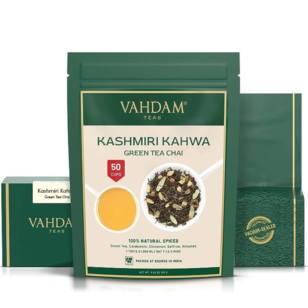 , Kashmiri Kahwa Tea (50 Cups/3.53oz) | Green Tea, Cinnamon, Cardamom, Almond…