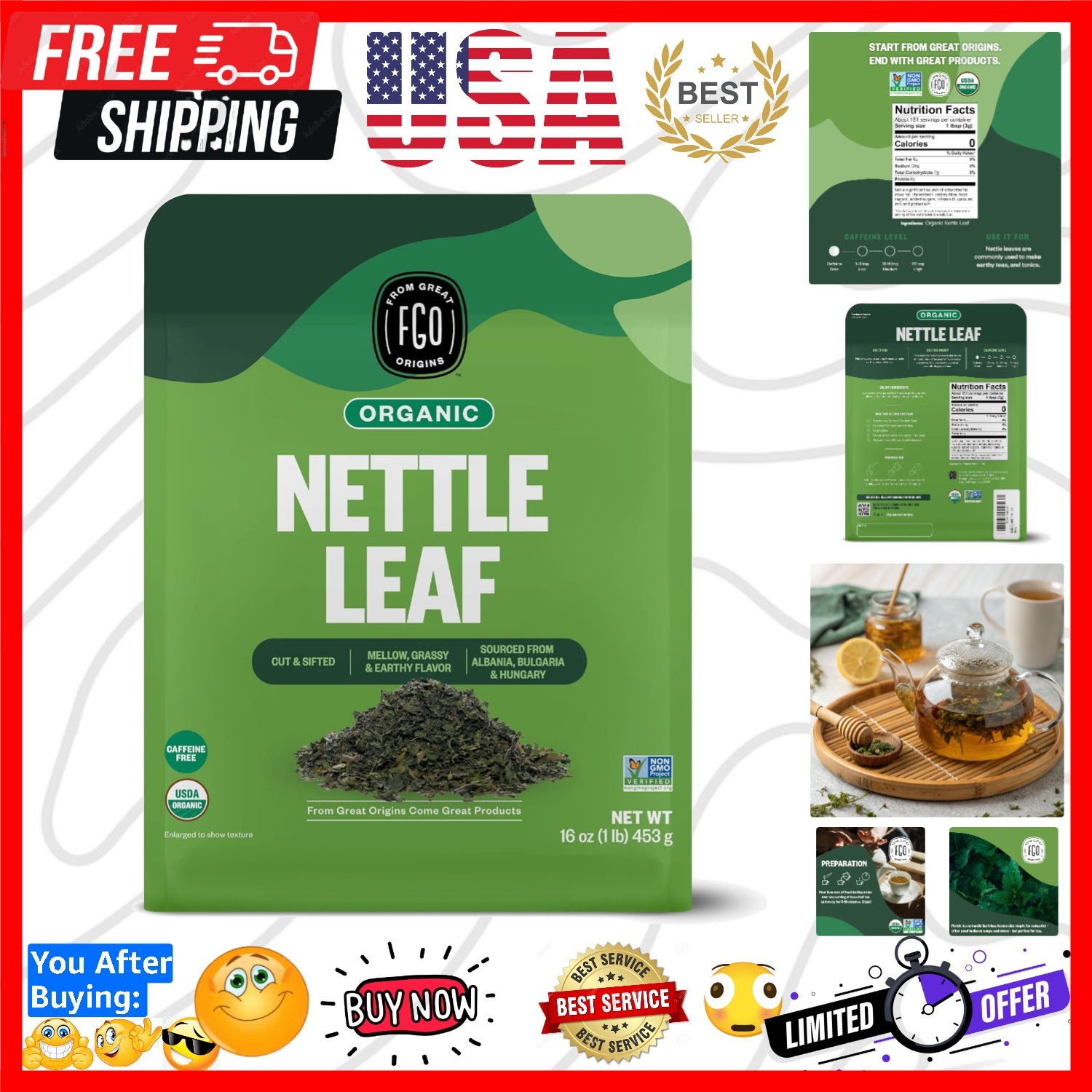 Organic Nettle Leaf Loose Tea, Cut and Sifted, Caffeine Free, 16oz Bulk Resea…