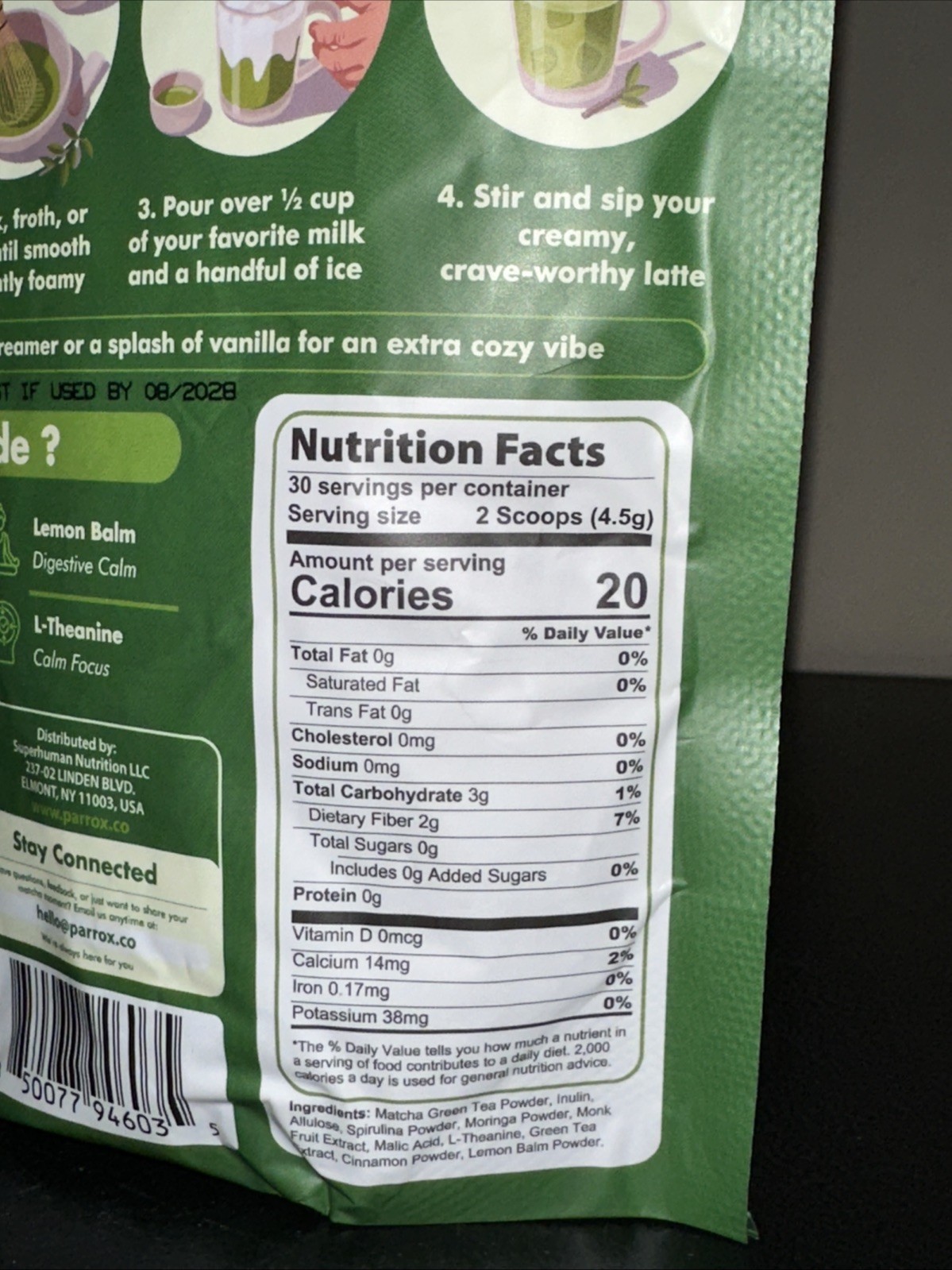 Parrox All-In Matcha Tea Powder, Vegan Non-GMO Prebiotics – Brand New