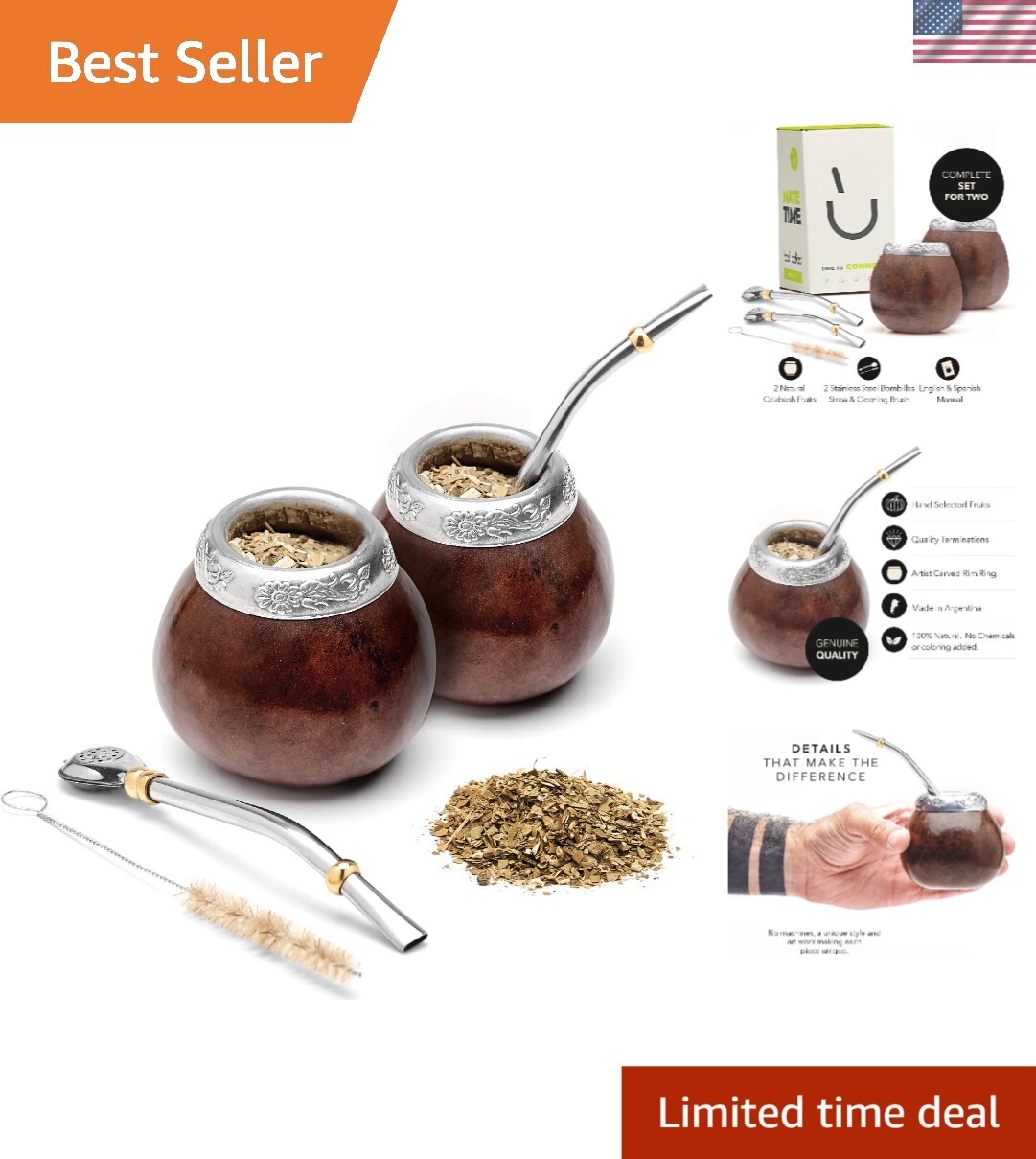 Artisan Yerba Mate Gourd Set – Two Natural Cups with Bombilla for Rich Tradition