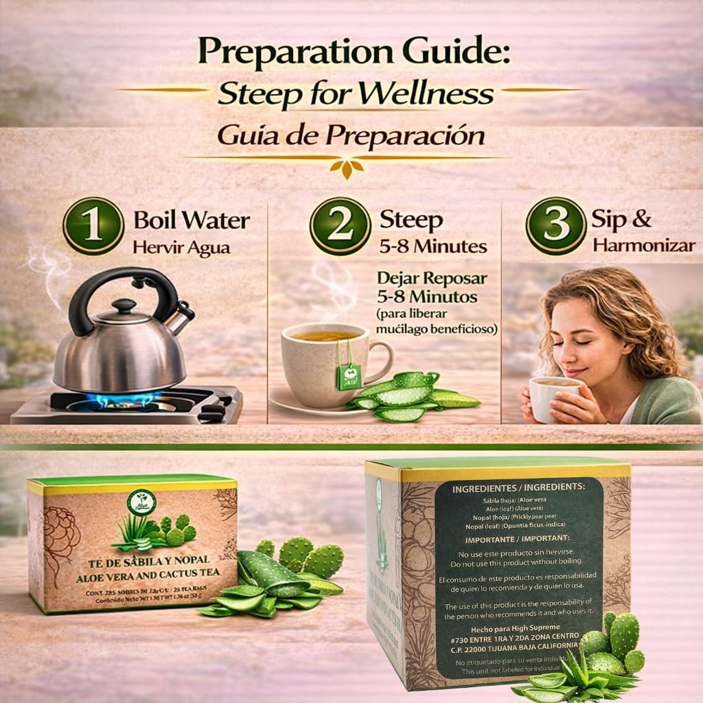 Sábila & Nopal Tea (Aloe Vera & Cactus Tea) – 100% Natural, Vegan | 25 Tea Bags