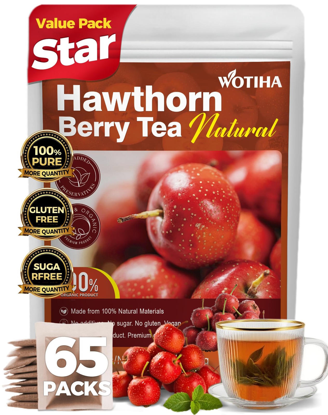 65 Count Premium Hawthorn Berry Tea Bags 100% Natural, Aids Digestion, Rich …
