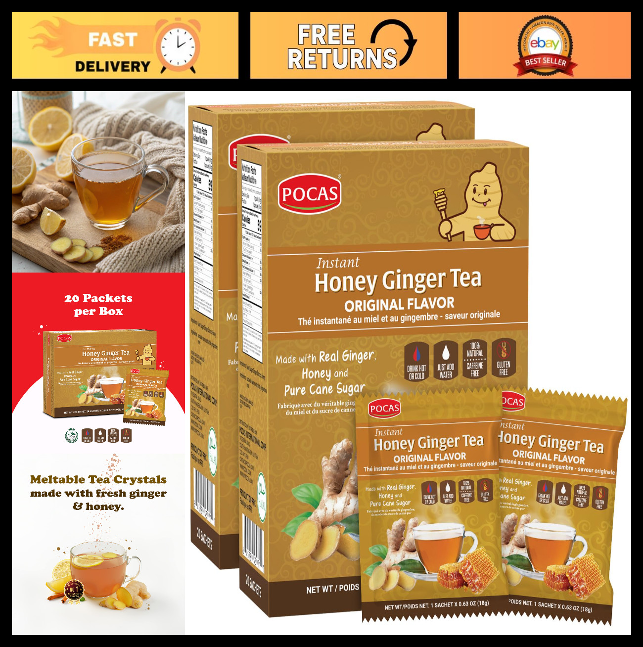 Honey Ginger Instant Tea Powder – Caffeine-Free, 2-Pack, 20 Packets, Ginger Extr