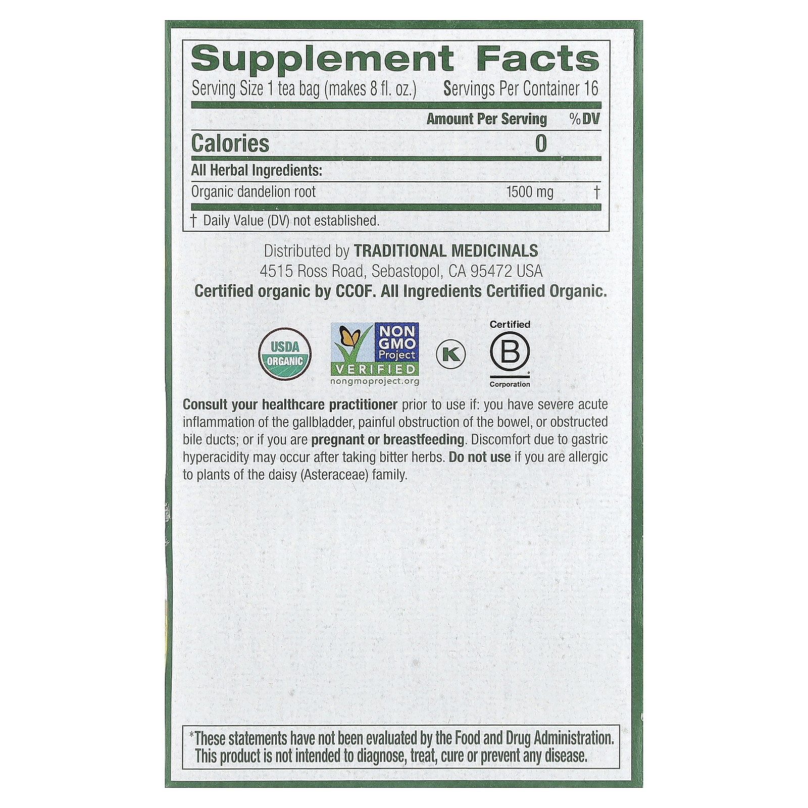 Organic Roasted Dandelion Root, Caffeine Free, 16 Wrapped Tea Bags, 0.85 oz (24