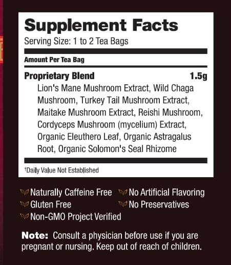 6 Mushroom Defense Herbal Tea, Caffeine Free 20 Tea Bags, 1 Count