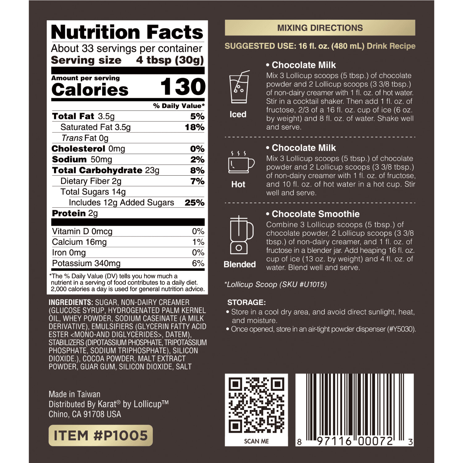 Tea Zone Chocolate Powder (2.2 lbs, P1005) for Chocolate Milk/Boba Tea/Smoothies