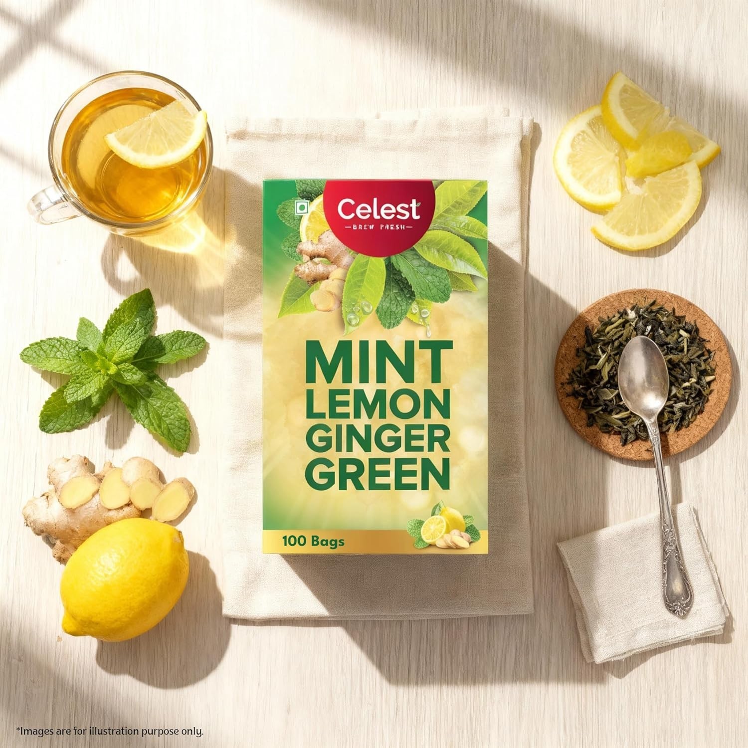 100% Natural Celest Green Tea 100 Bags – Ginger | Mint & Lemon | (Each 1.5g)