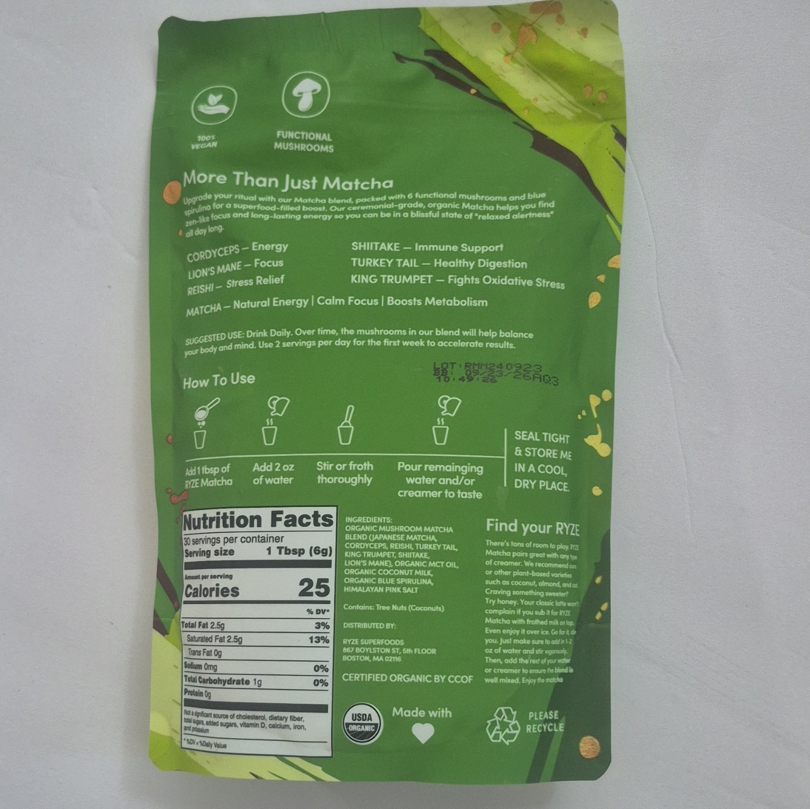 RYZE Mushroom Matcha Organic Vegan Drink Mix 30 Servings 6.35 oz USDA