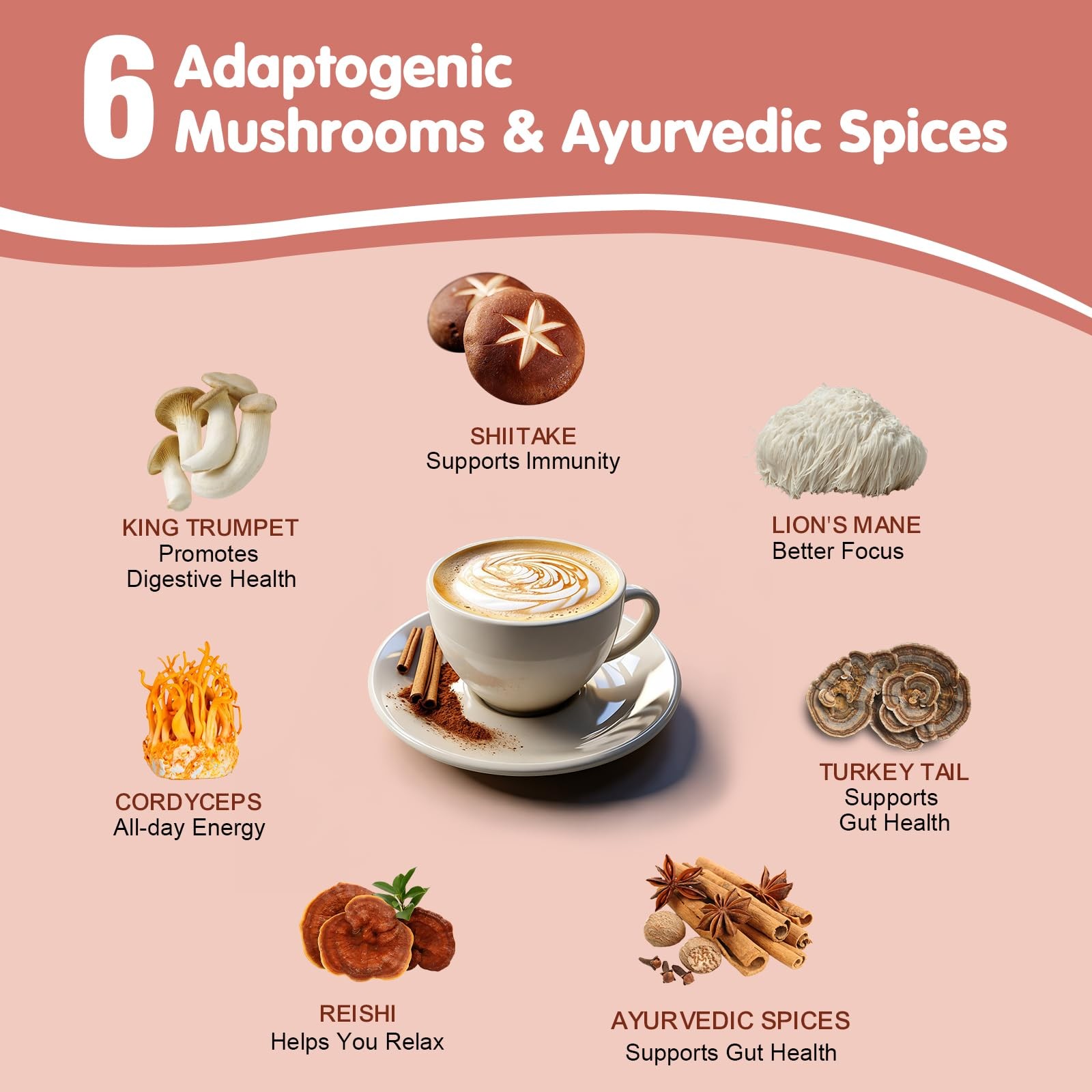 Balincer Mushroom Chai, 6 Adaptogenic Mushrooms Lion’s Mane, Cordyceps, Turke…