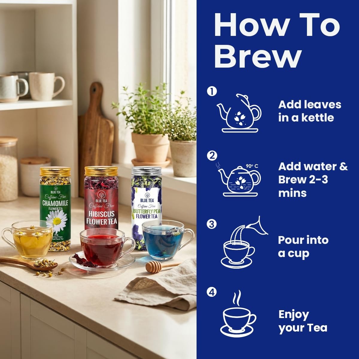 BLUE TEA 3 in 1 Herbal Tea Combo | Butterfly Pea Hibiscus Chamomile Tea