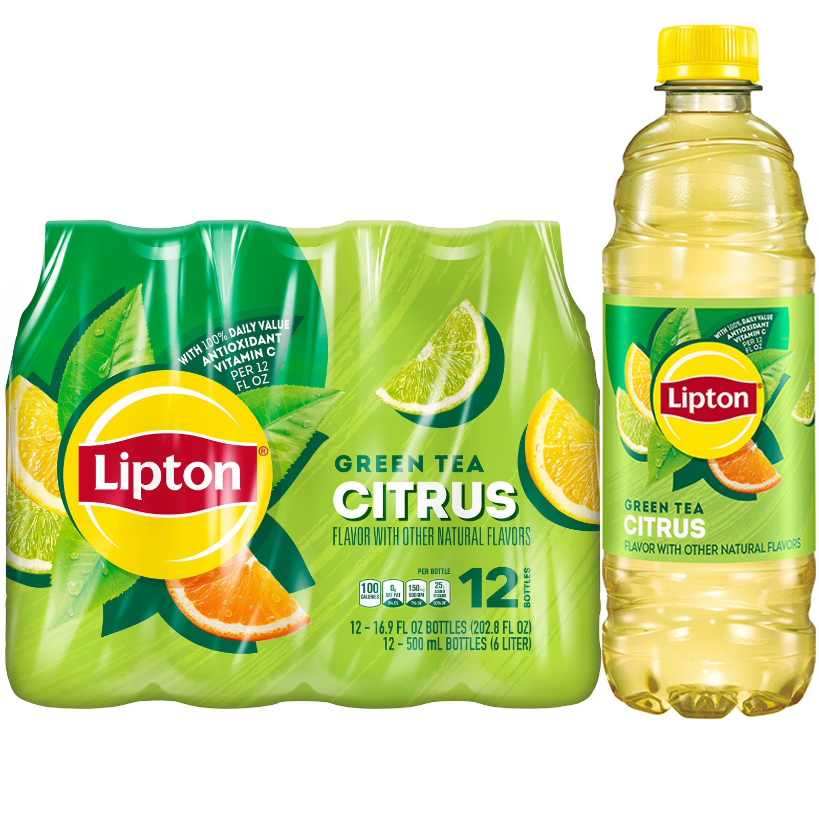 Lipton Iced Green Tea, Citrus Bottled Tea Drink, 16.9 oz, 12 Bottles