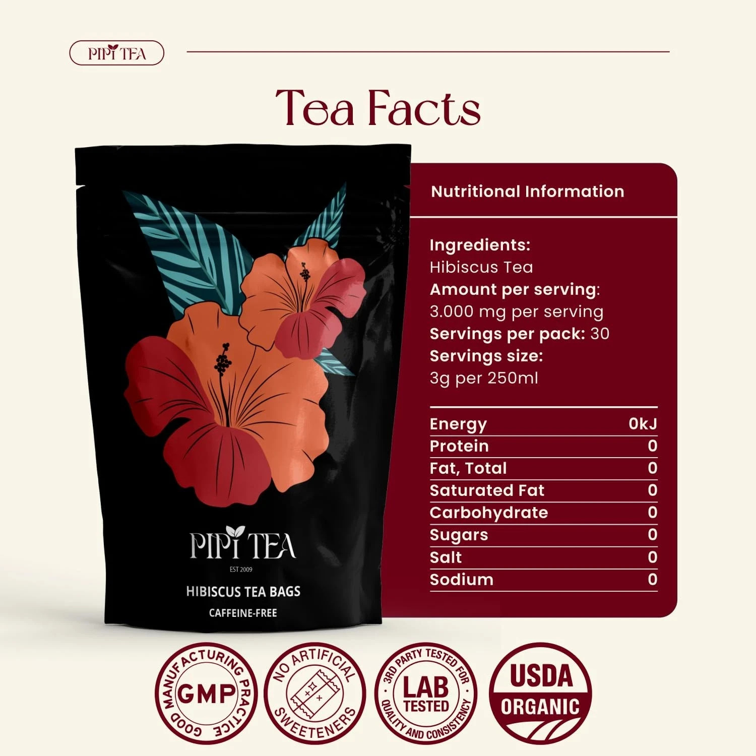 PiPi Tea Organic Hibiscus Tea Bags – Caffeine Free Herbal Tea Rich in Antioxi…