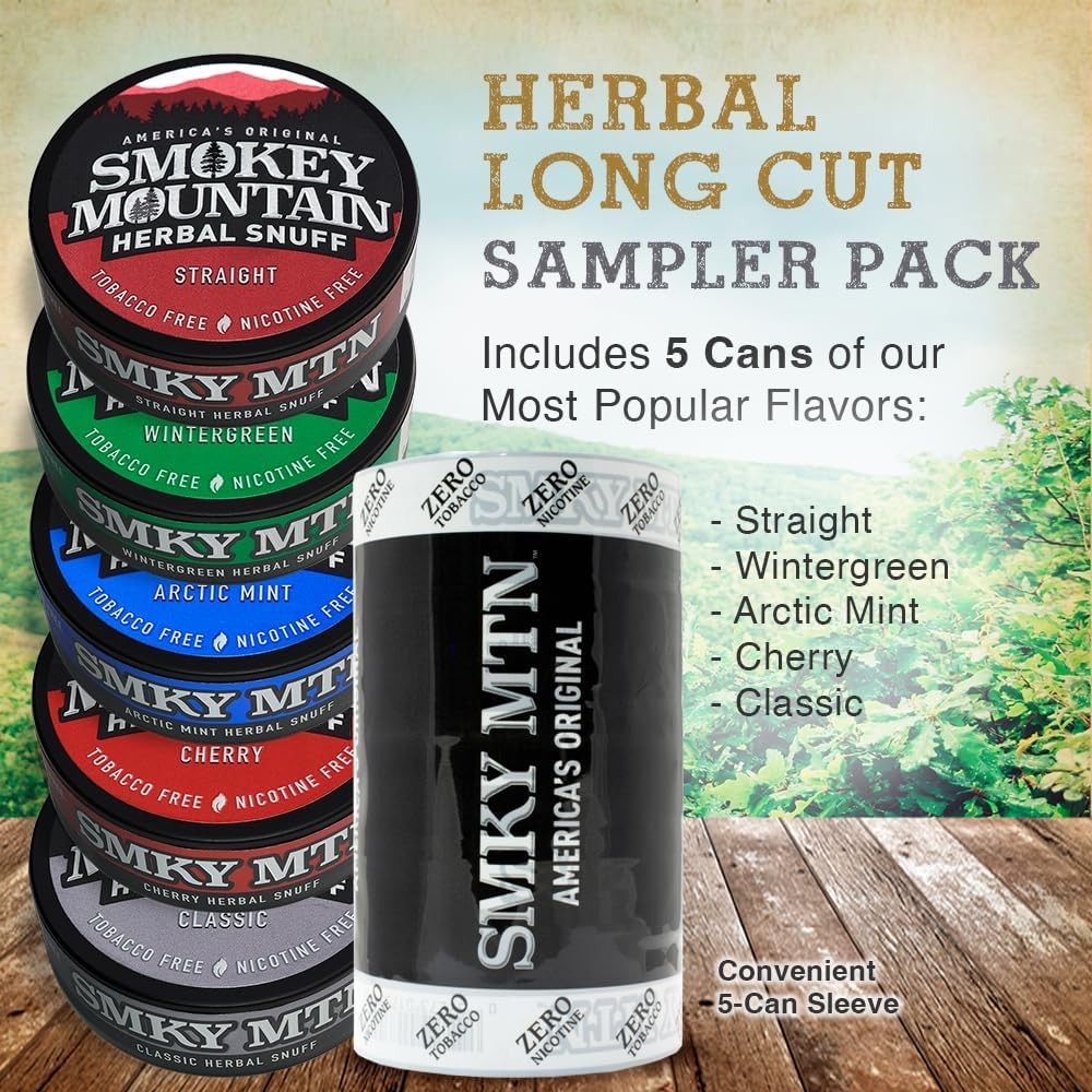 Smokey Mountain Herbal Long Cut Classic Wintergreen Tea Bag Sampler Box 5 Can